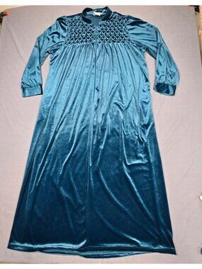 National M/L Long Teal Velvet Lounge House Dress Night Gown Embroidered Maxi